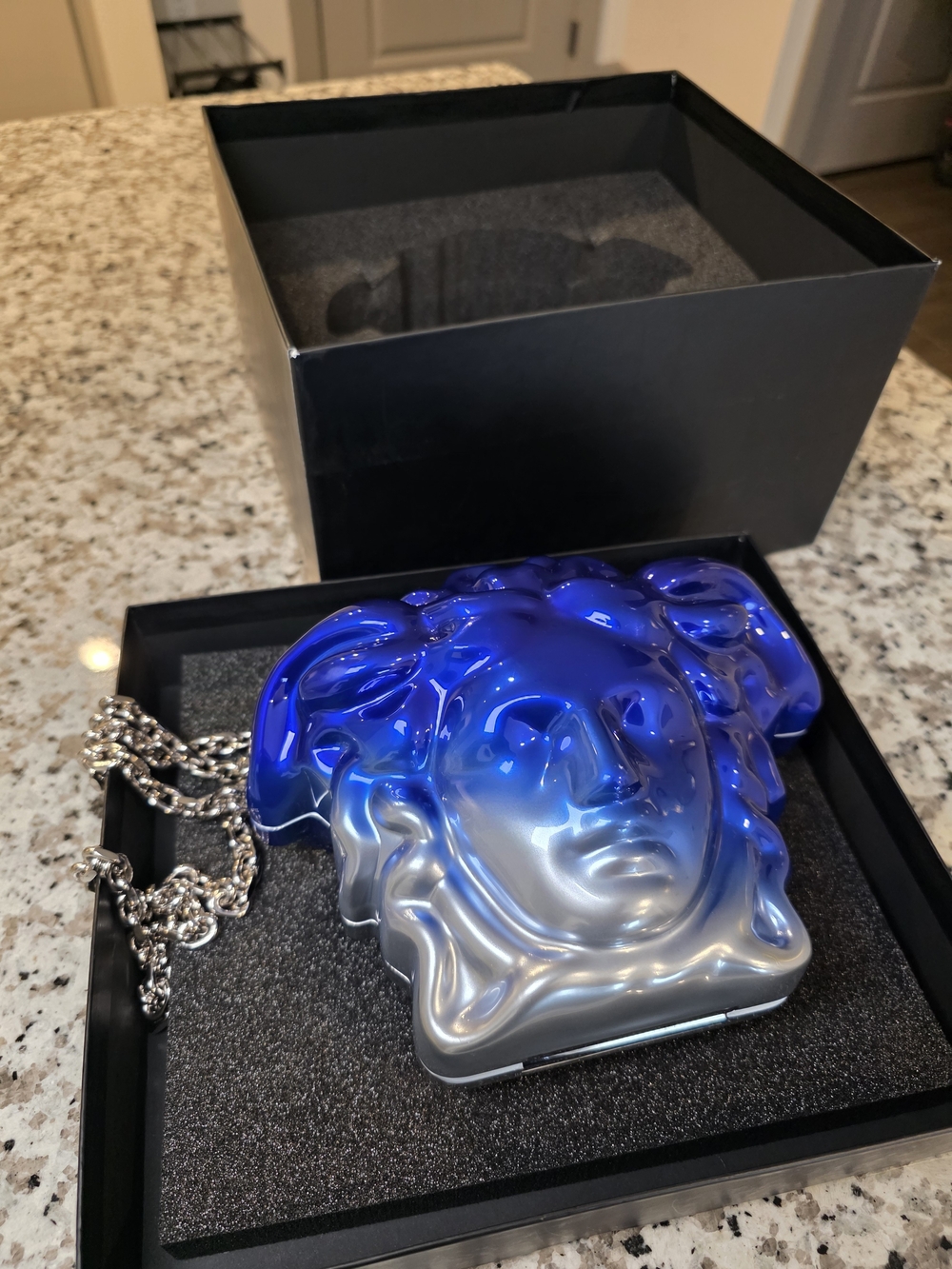 Blue-to-Silver Gradient Medusa Head Crossbody Bag with Chain